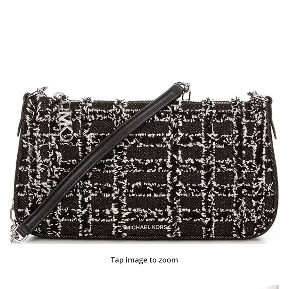 NWT MICHAEL KORS Empire Medium Frayed Denim Chain-Link Pochette Shoulder Bag - Picture 1 of 12